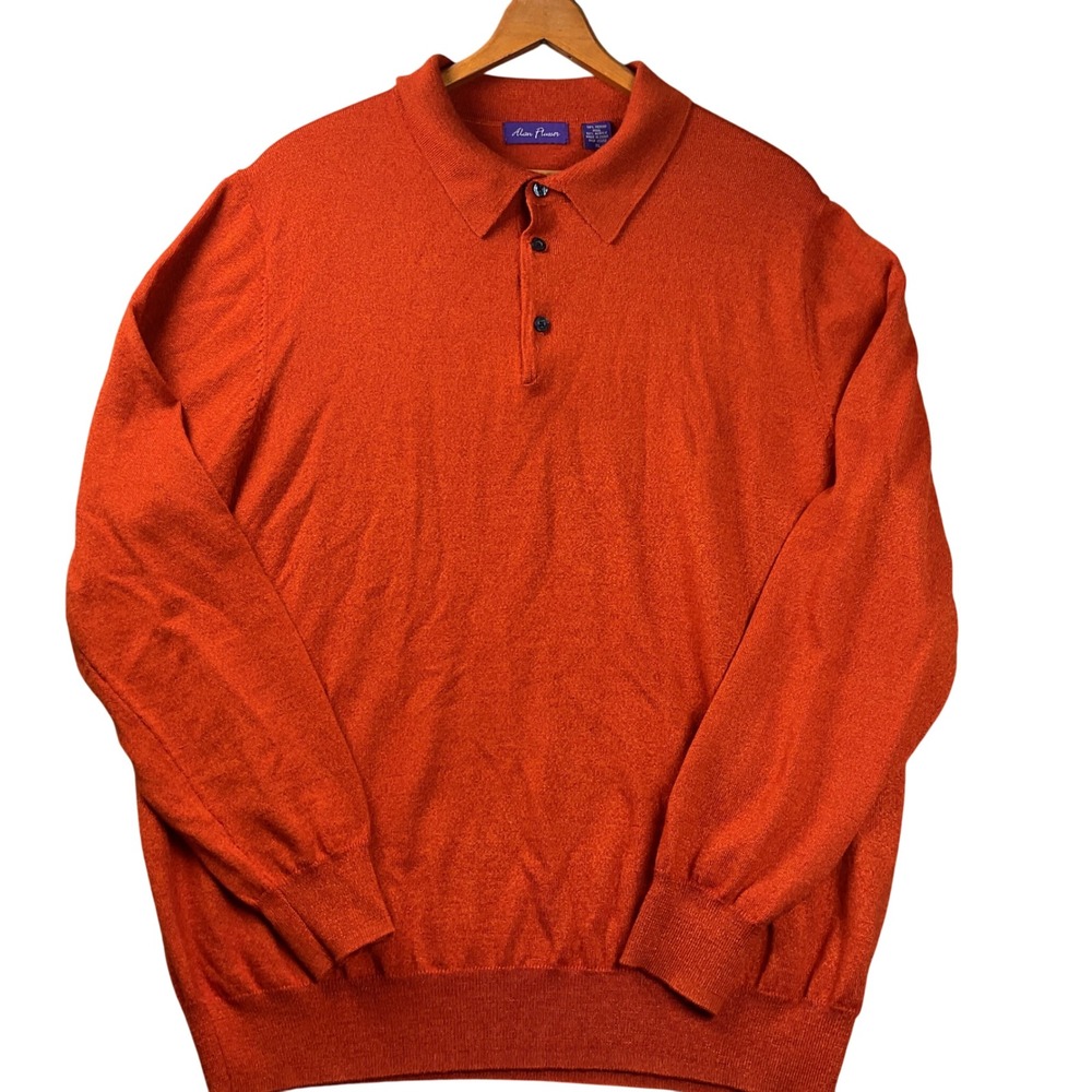 Alan Flusser Polo Sweater Mens‎ XL Orange Merino Wool blend Long Sleeve Knit